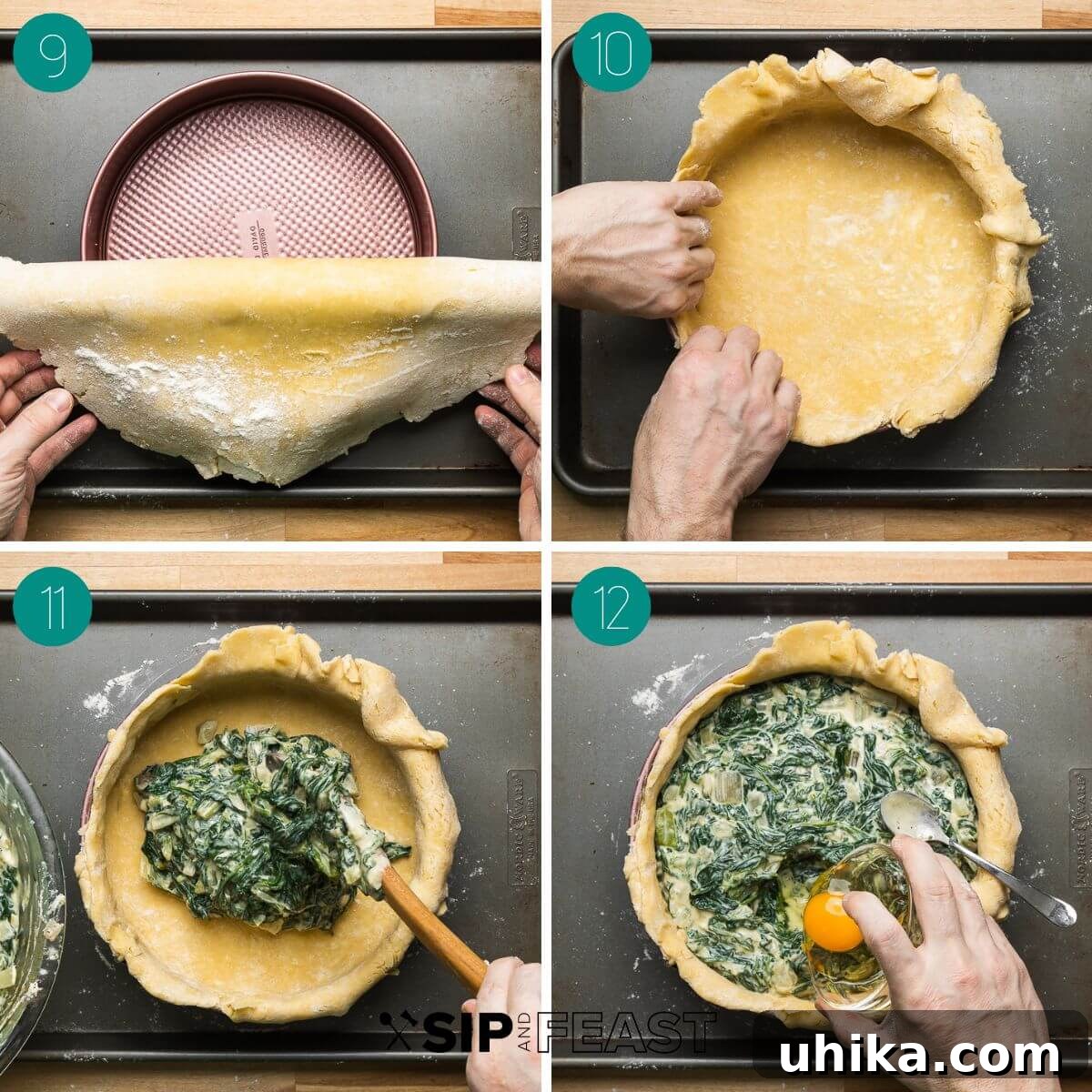 Classic Italian Easter Pie 8 Collage illustrating the assembly of torta Pasqualina, including lining the springform pan with dough, adding the green filling, and creating wells for eggs.