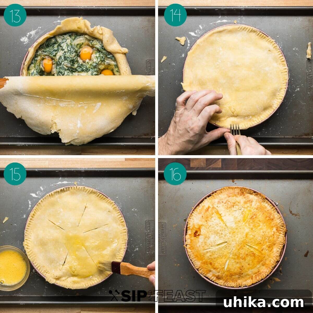 Classic Italian Easter Pie 9 Collage depicting the final assembly steps of torta Pasqualina, including placing the top crust, sealing the edges, brushing with egg wash, and cutting vents.