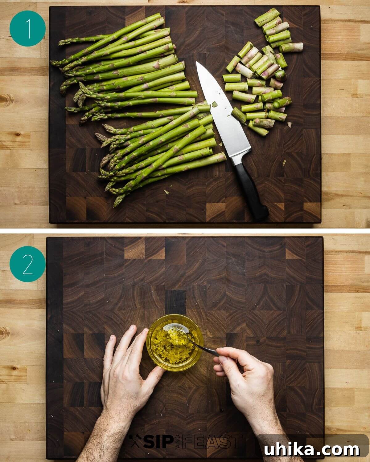 Crispy Parmesan Asparagus Bake 4 Collage of step-by-step process photos showing asparagus preparation and garlic oil creation.