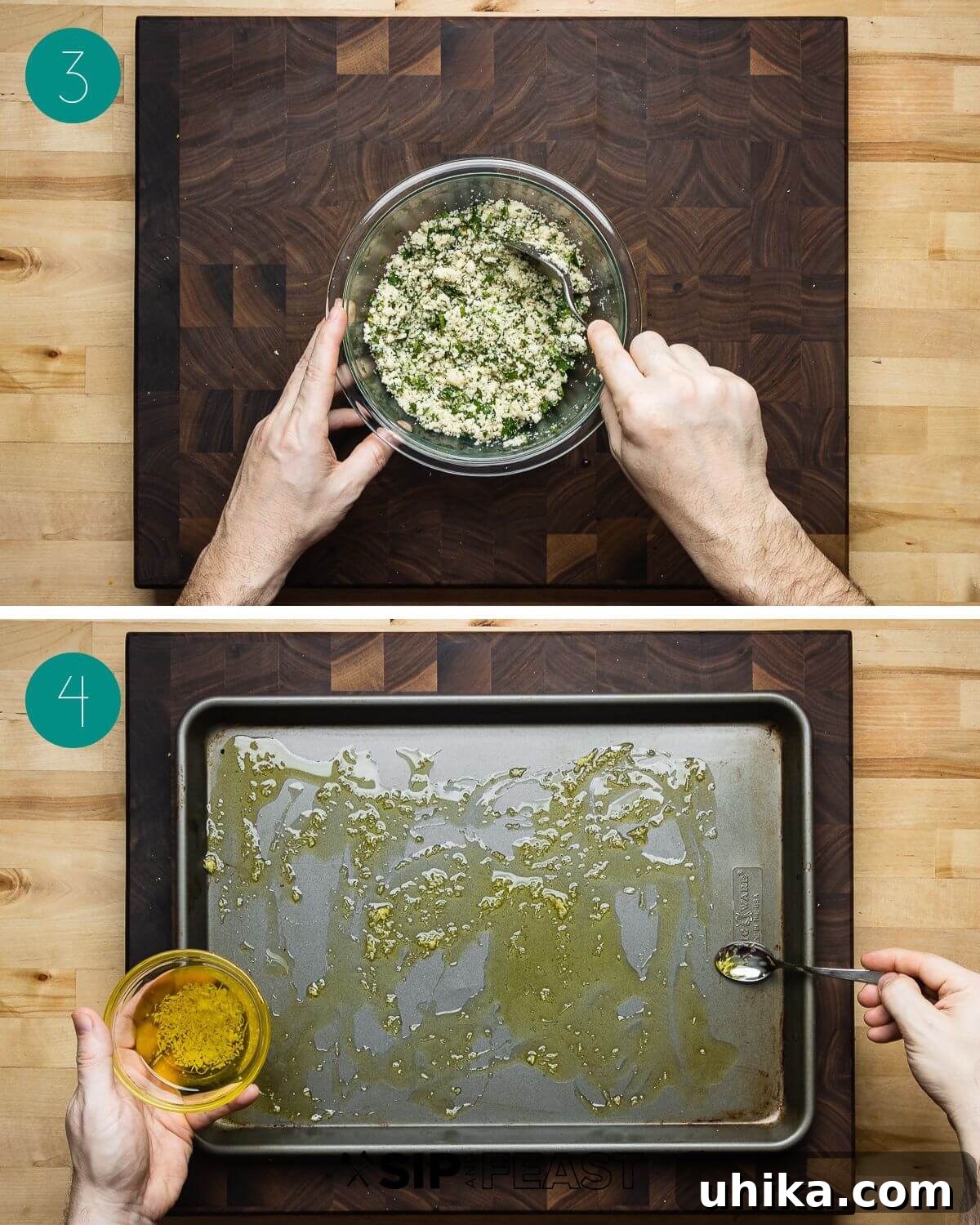 Crispy Parmesan Asparagus Bake 5 Collage of process photos showing mixing garlic oil and preparing the seasoned breadcrumb mixture.