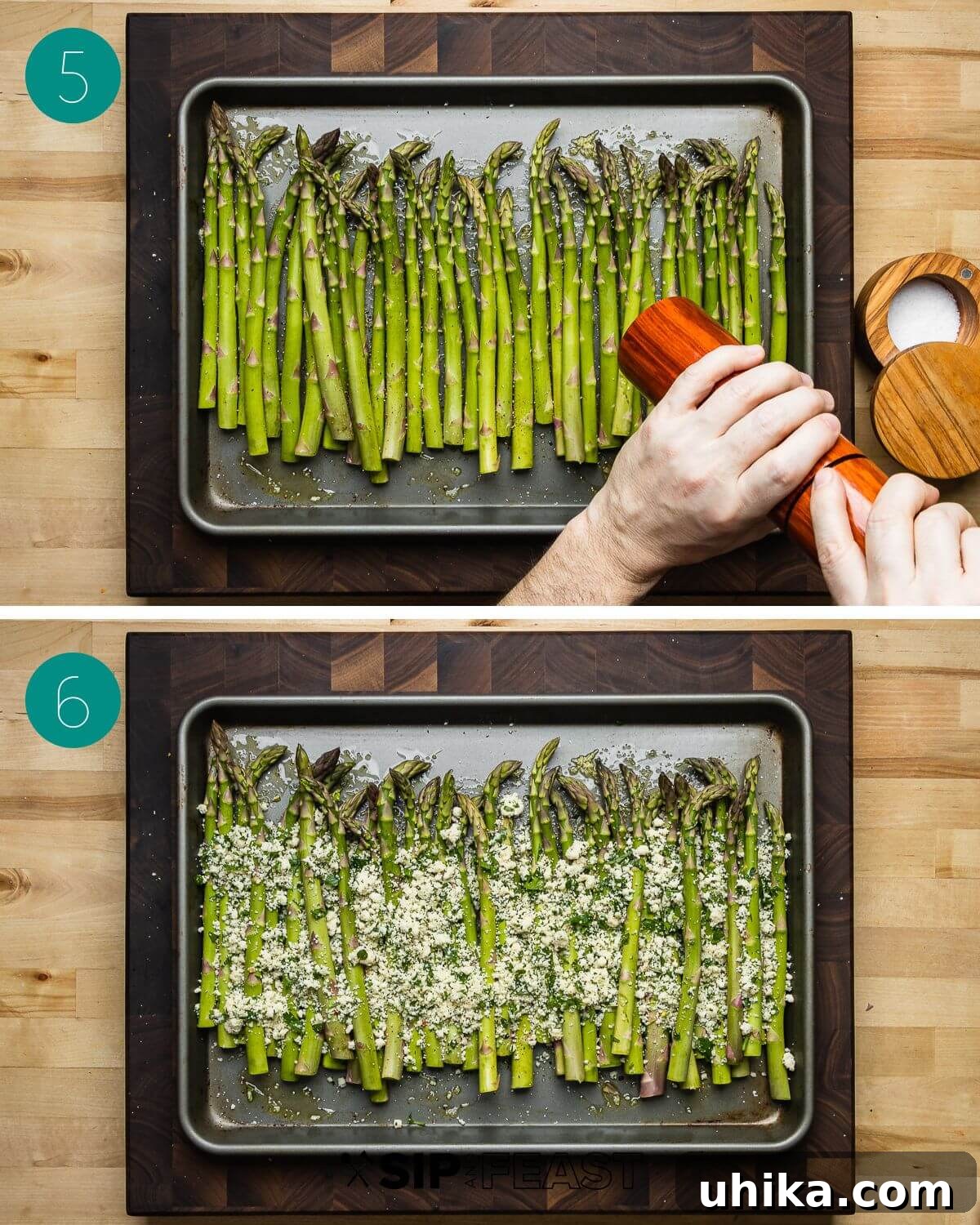 Crispy Parmesan Asparagus Bake 6 Collage of process photos showing spreading garlic oil on a baking sheet and arranging asparagus.