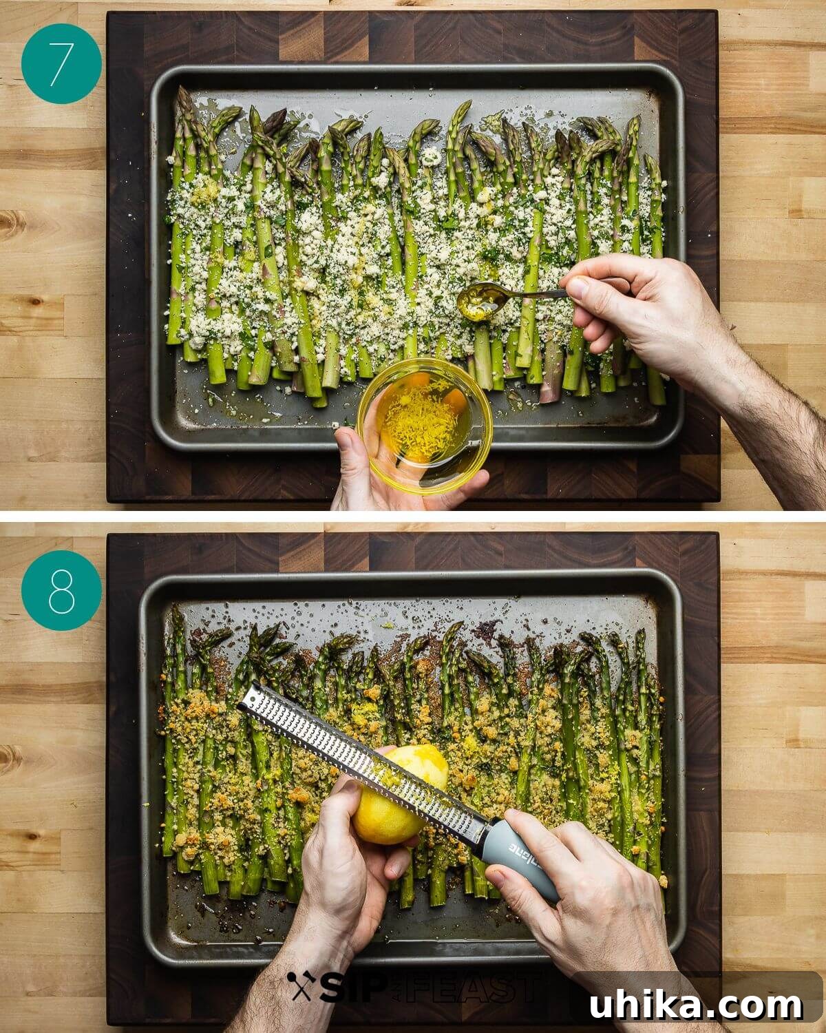 Crispy Parmesan Asparagus Bake 7 Collage of process photos showing sprinkling breadcrumbs over asparagus and drizzling with remaining garlic oil.