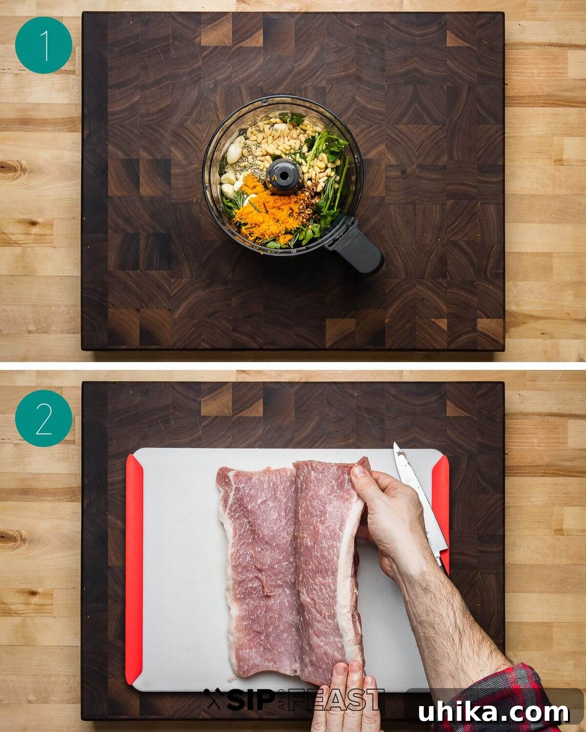 Classic Italian Stuffed Pork Loin 5 Italian stuffed pork loin recipe process shot collage group number one, showing ingredients being blended into a paste.