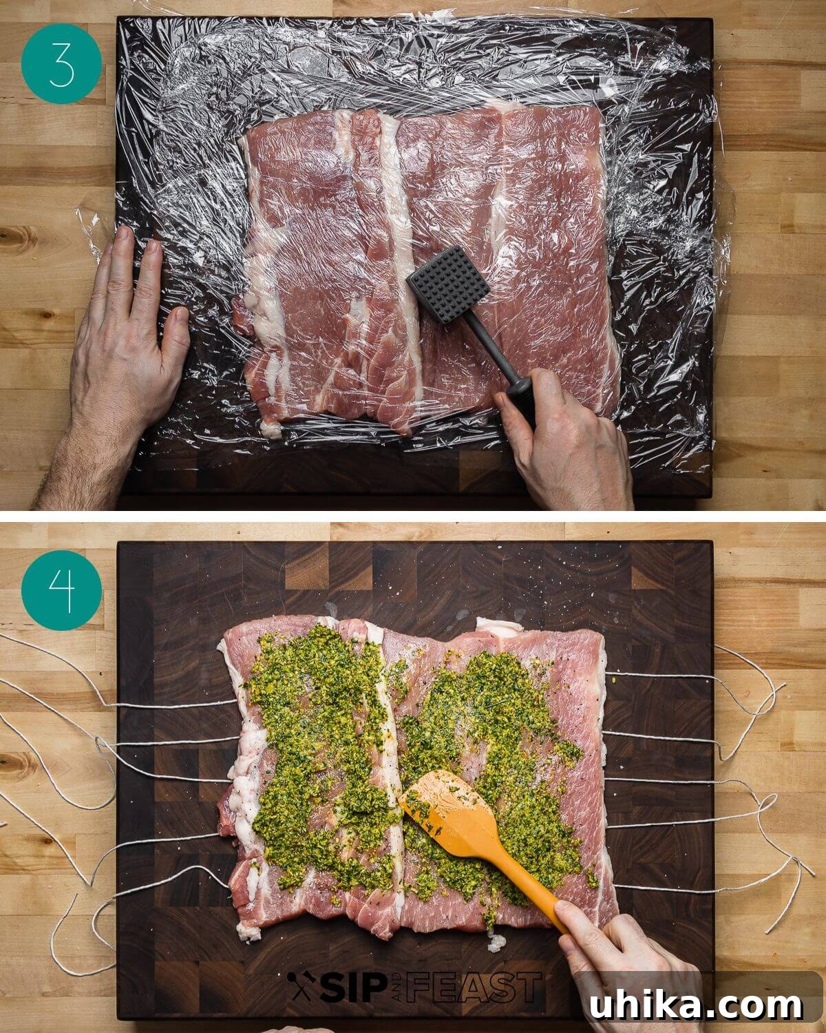 Classic Italian Stuffed Pork Loin 6 Recipe process shot collage group number two, showing a pork loin being butterflied and pounded flat.