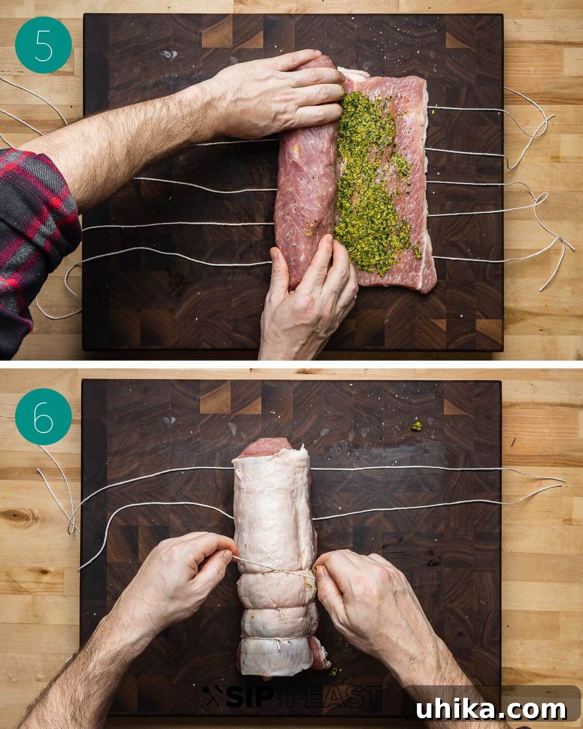 Classic Italian Stuffed Pork Loin 7 Recipe process shot collage group number three, demonstrating how to spread stuffing and roll up the pork loin.