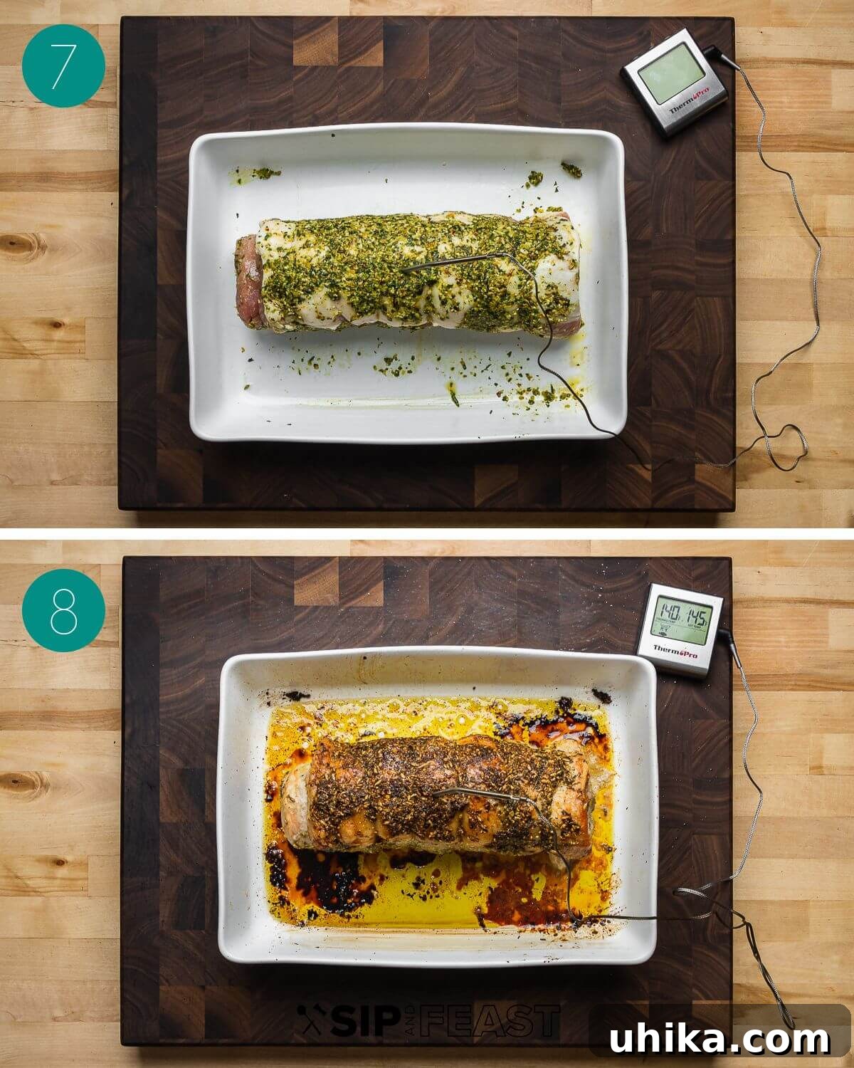 Classic Italian Stuffed Pork Loin 8 Recipe process shot collage group number four, showing the tied and seasoned pork loin ready for the oven.