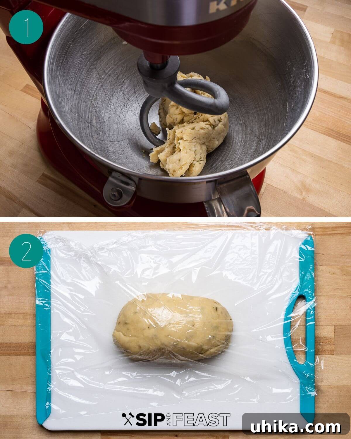 Taralli 4 A four-panel collage showing the first steps of making taralli: mixing ingredients, forming dough, kneading, and dough resting.