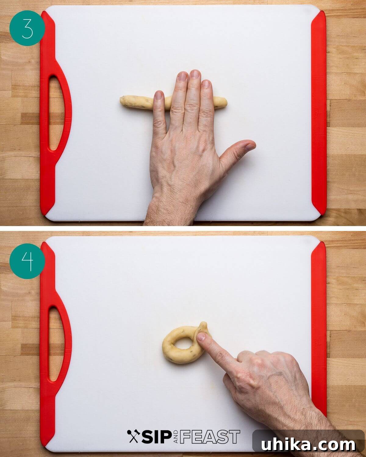 Taralli 5 A four-panel collage demonstrating the shaping process of taralli: rolling dough into ropes, forming loops, and placing them on a baking sheet.