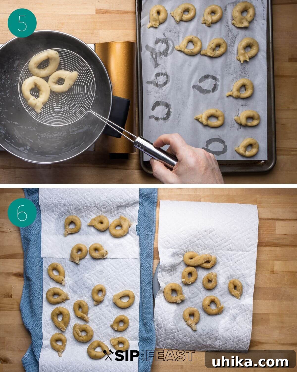 Taralli 6 A four-panel collage showing the boiling process of taralli: dropping them into boiling water, floating to the surface, and being removed with a slotted spoon.