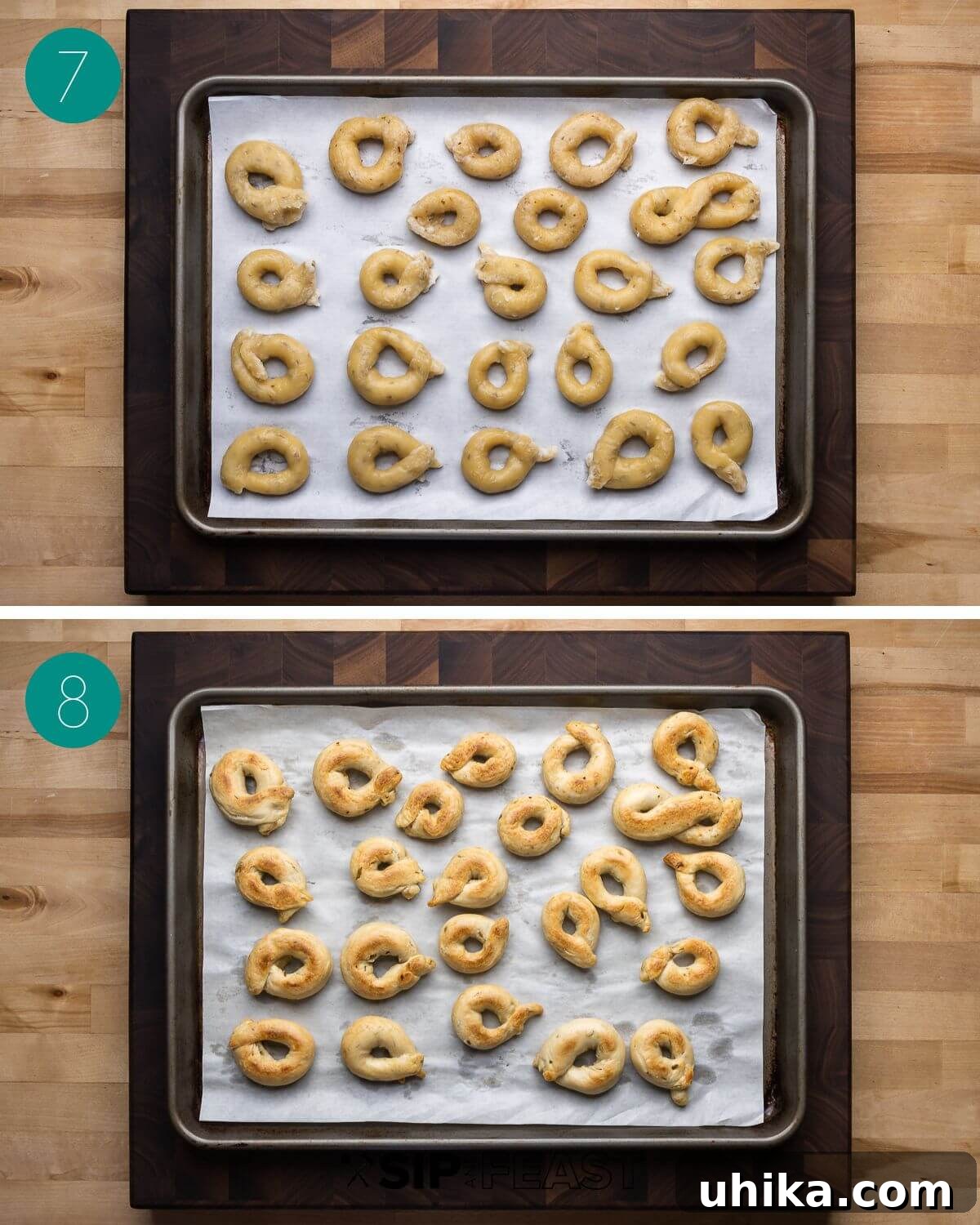 Taralli 7 A four-panel collage illustrating the final steps of taralli preparation: arranged on a baking sheet, baking in the oven, and cooling after baking.
