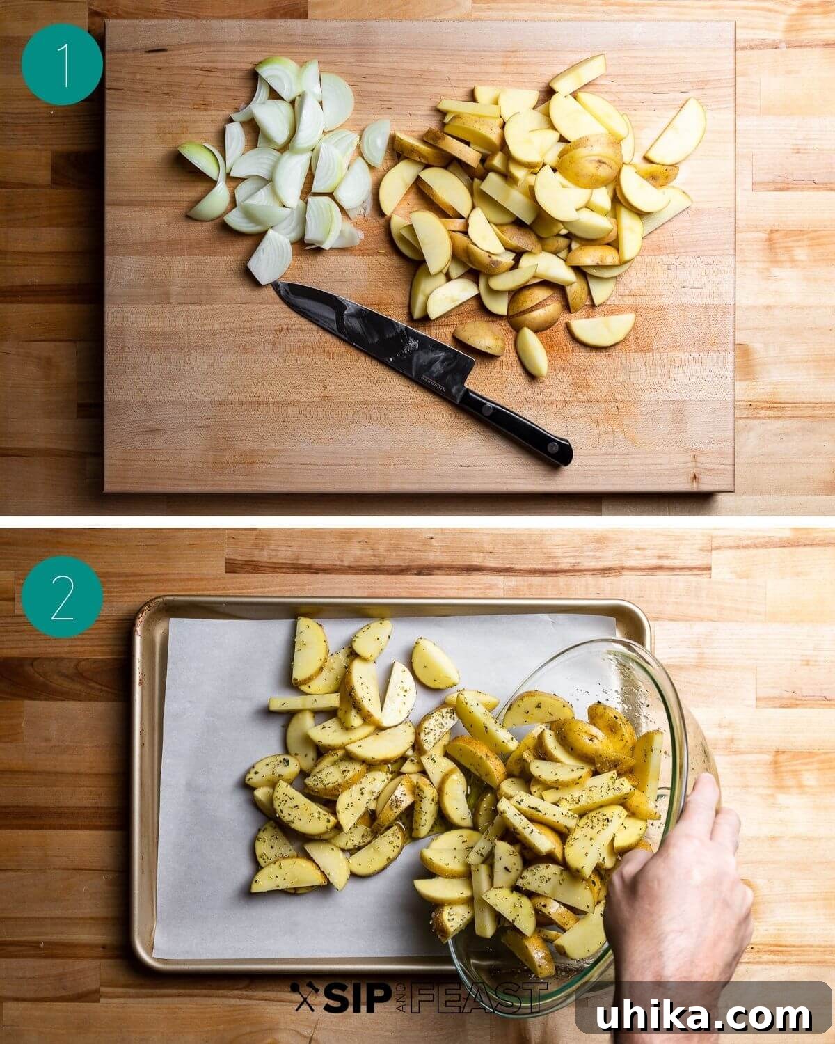 Rustic Italian Sausage and Potato Bake 4 Italian sausage and potatoes recipe process shot collage group one showing prepped vegetables and roasting potatoes.