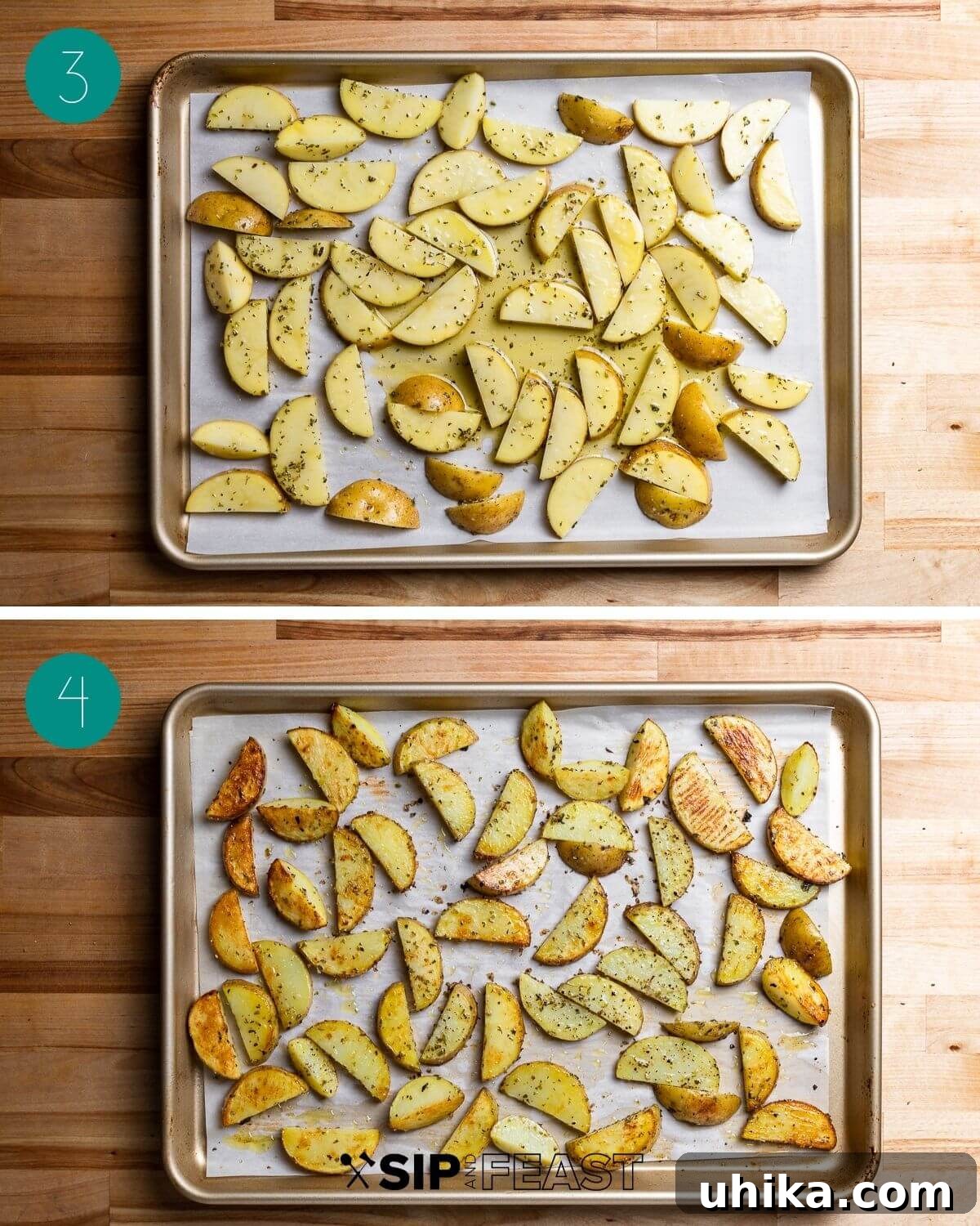 Rustic Italian Sausage and Potato Bake 5 Recipe process shot collage group two showing seasoned potatoes on a baking sheet and roasted with onions and sausage added.