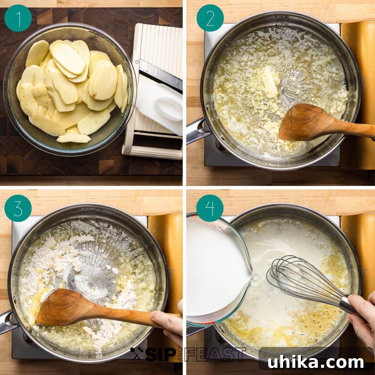 Ultimate Creamy Potato Gratin 4 A collage of process shots showing the initial steps of making scalloped potatoes: slicing potatoes, sautéing garlic, making the roux, and whisking in milk.
