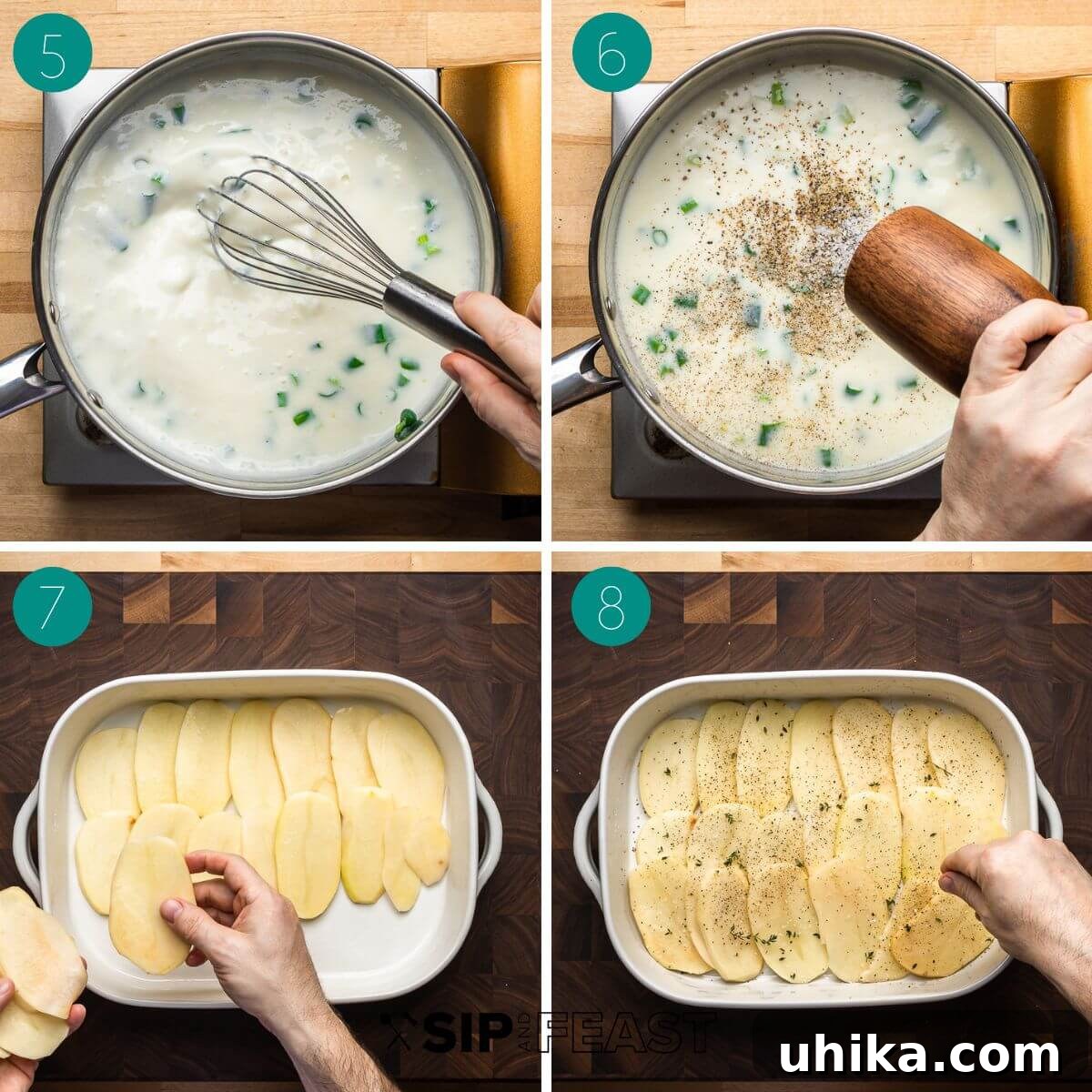 Ultimate Creamy Potato Gratin 5 A collage of process shots detailing the creation of the creamy sauce for scalloped potatoes, including adding green onions and simmering until thickened.