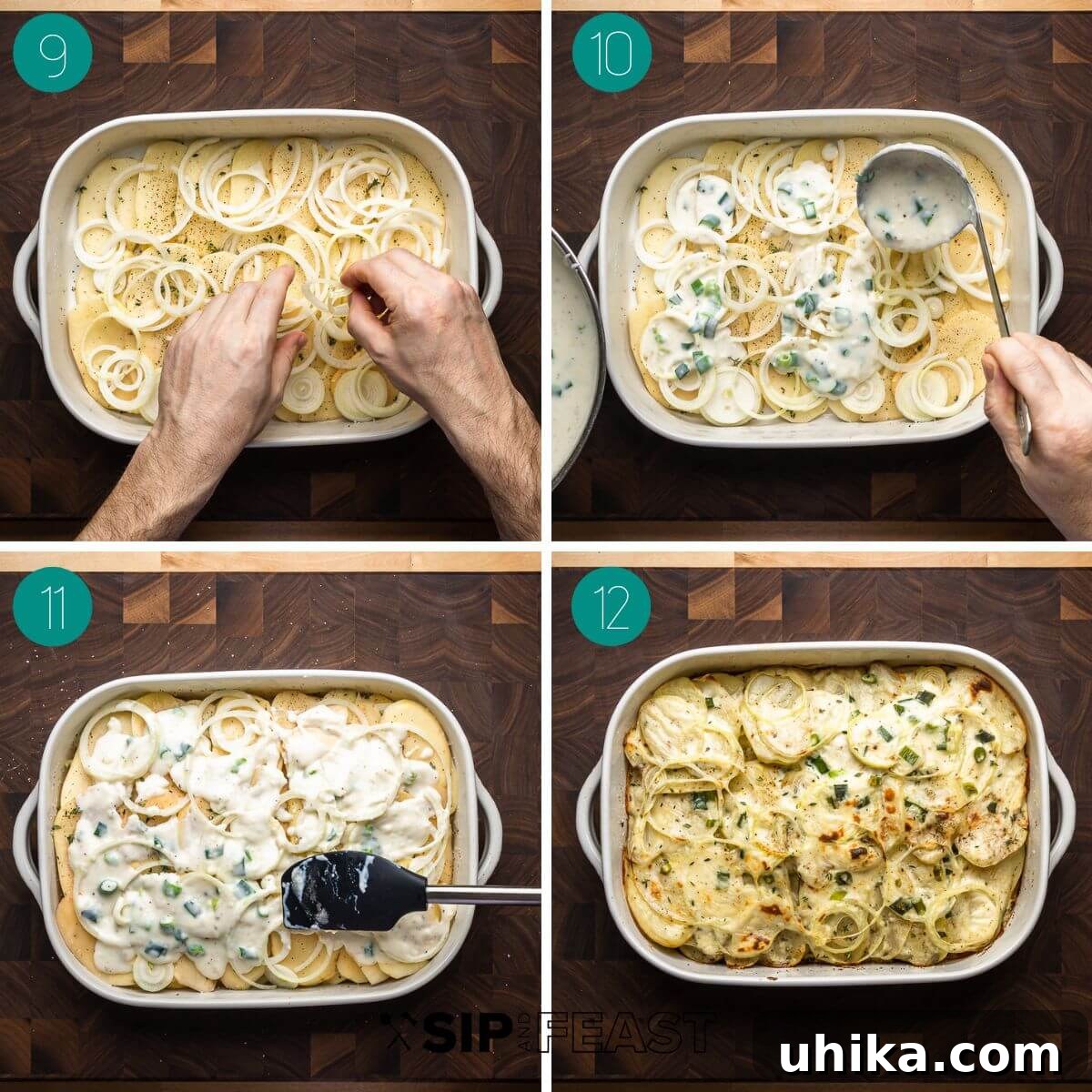 Ultimate Creamy Potato Gratin 6 A collage of process shots showing the layering of scalloped potatoes: adding potatoes, seasoning, onions, and cream sauce into a baking dish.