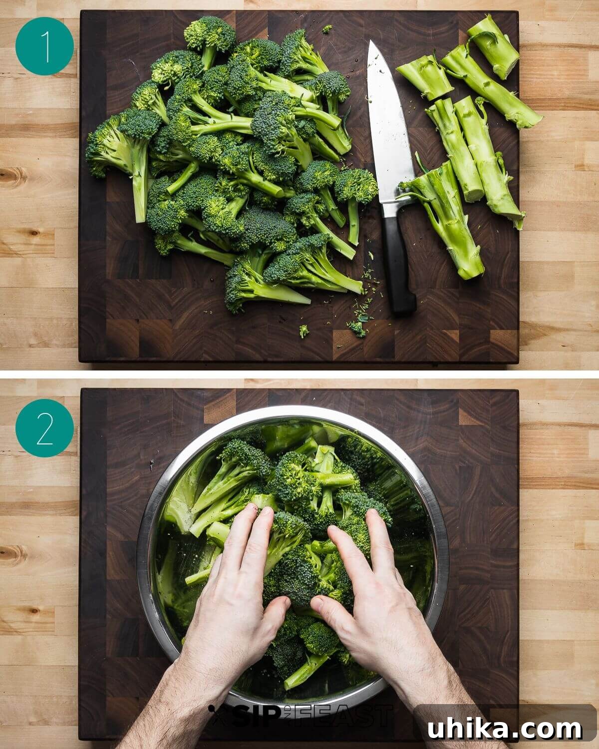 Crispy Roasted Broccoli 4 A visual collage illustrating the first stages of preparing roasted broccoli: preheating the oven, trimming the broccoli stems, and cutting the broccoli heads into small, uniform florets suitable for roasting.