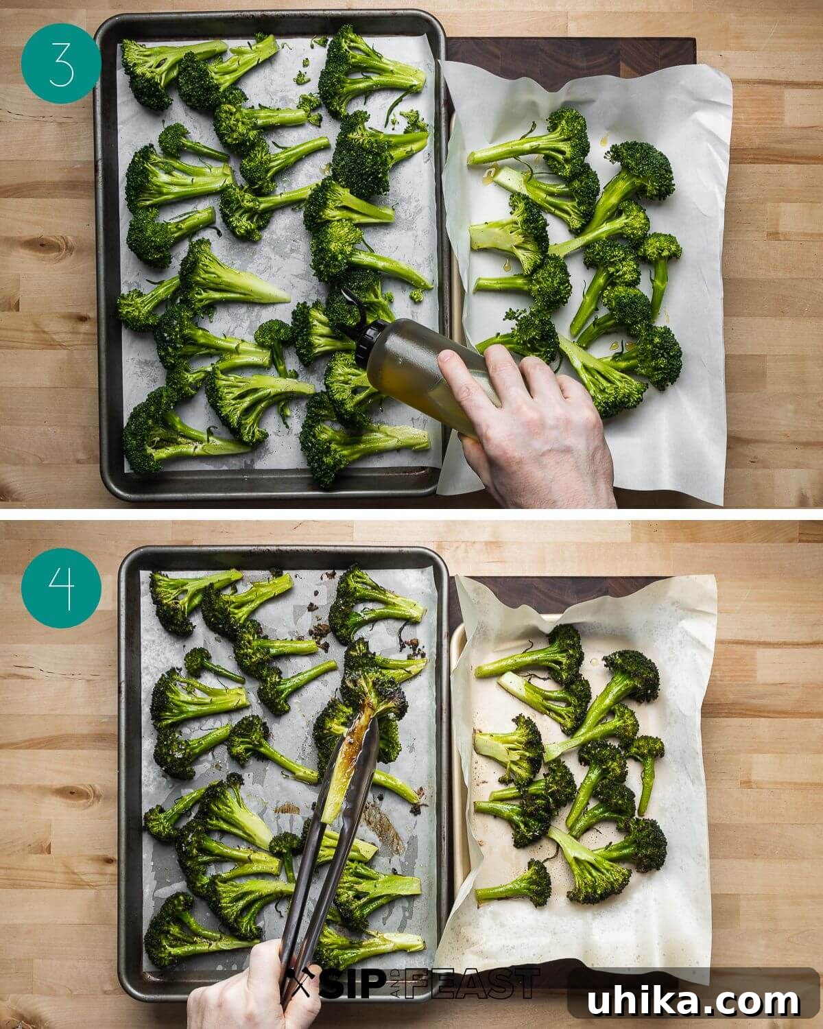 Crispy Roasted Broccoli 5 A step-by-step visual guide to roasting broccoli, showing the seasoned florets spread evenly on a parchment-lined baking sheet and the broccoli turning golden brown and slightly charred after roasting in the oven.