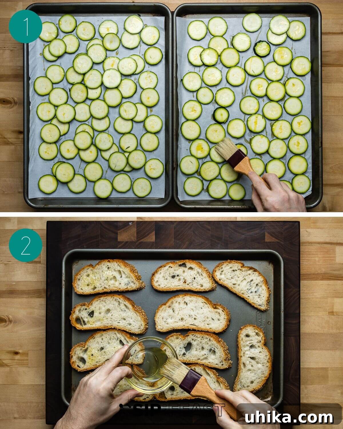 Zucchini Bruschetta Delights 4 A collage of process shots for Zucchini Bruschetta, showing zucchini being sliced, tossed with olive oil and salt, and spread on a baking sheet for roasting.