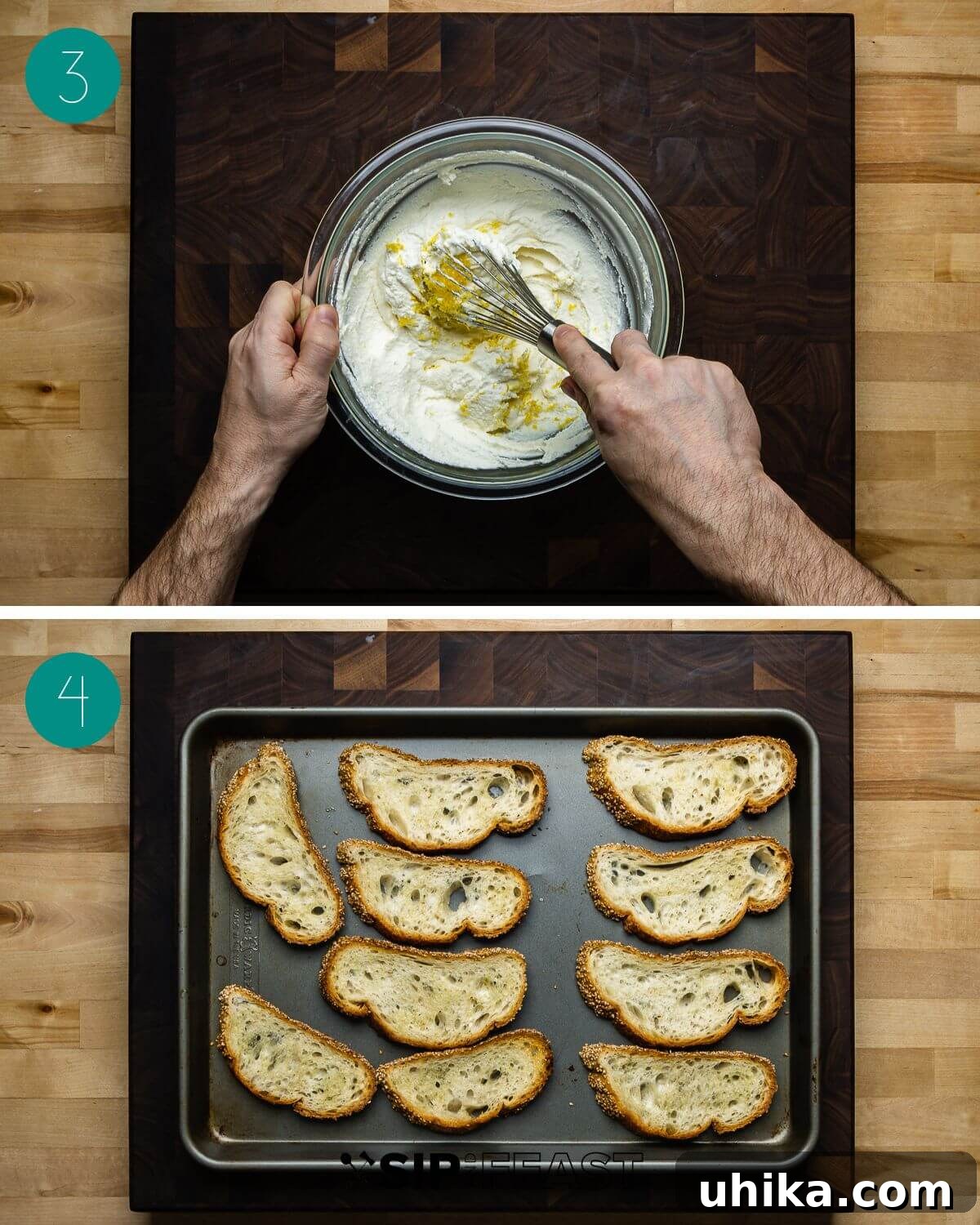 Zucchini Bruschetta Delights 5 A collage of process shots for Zucchini Bruschetta, showing bread being sliced and brushed with olive oil, and ricotta being whipped with lemon zest.