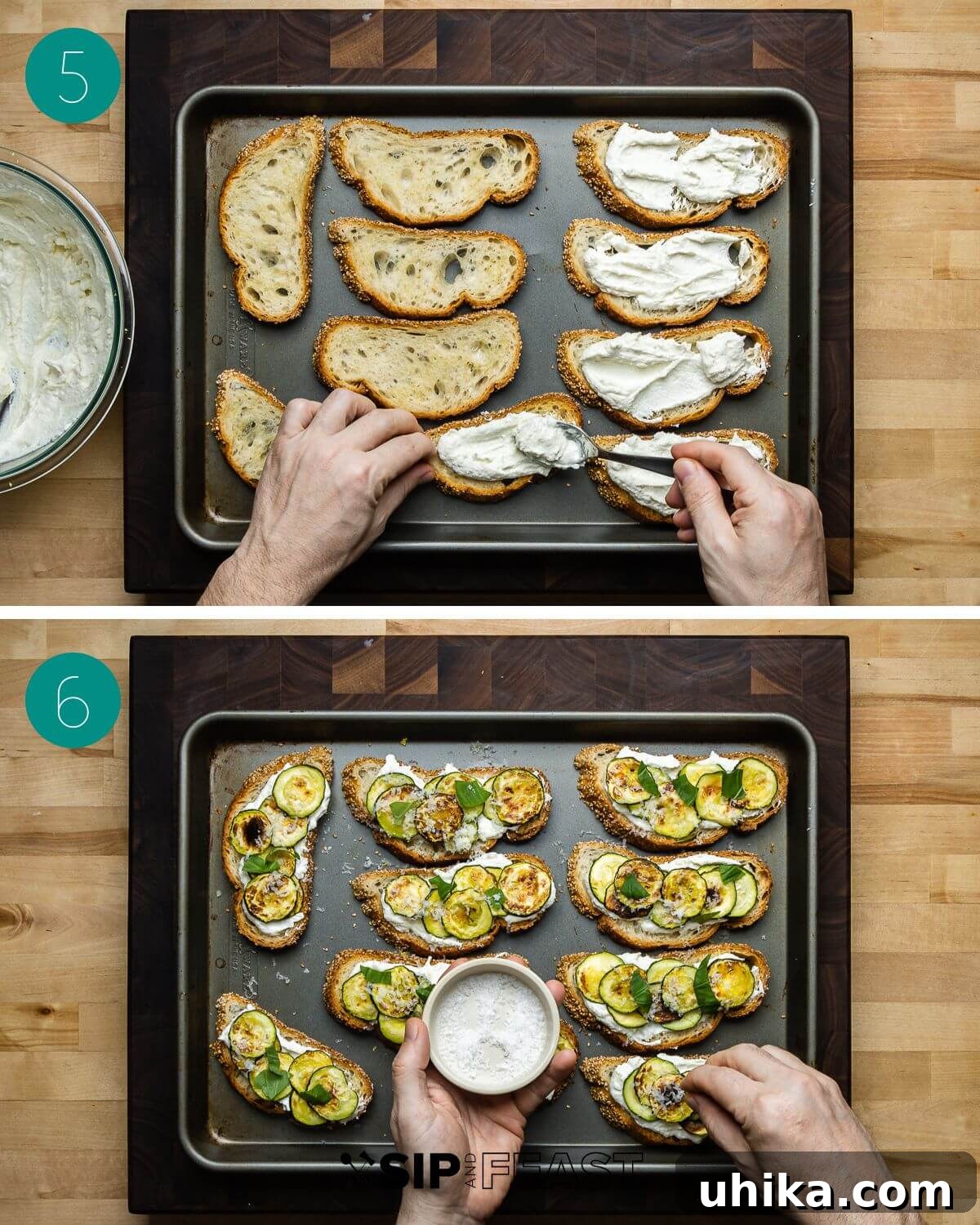 Zucchini Bruschetta Delights 6 A collage of process shots for Zucchini Bruschetta, showing garlic being rubbed on toasted bread, and lemon ricotta being spread onto the bread slices.