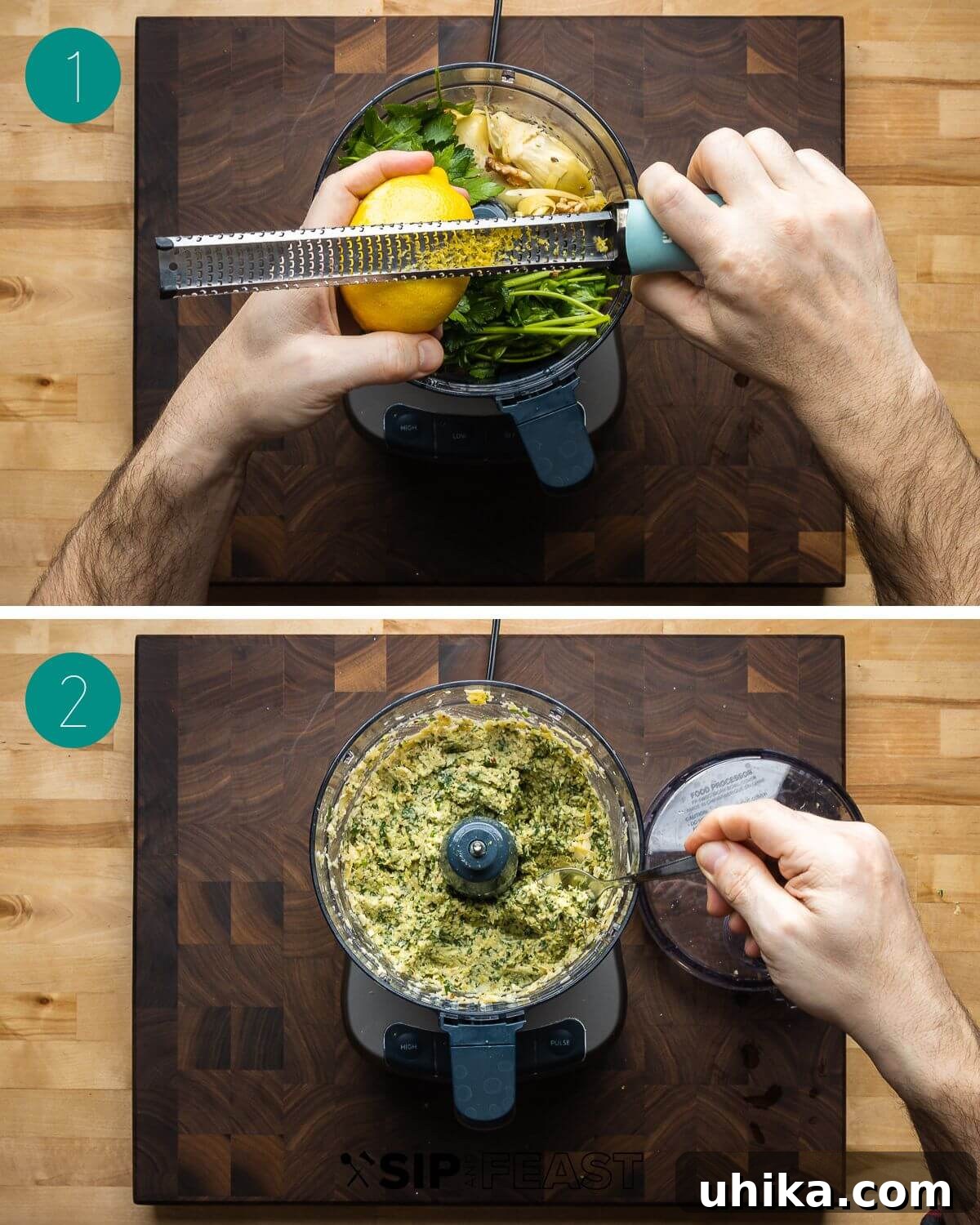 Vibrant Artichoke Pesto 4 Artichoke pesto recipe process collage showing ingredients being added to a food processor.