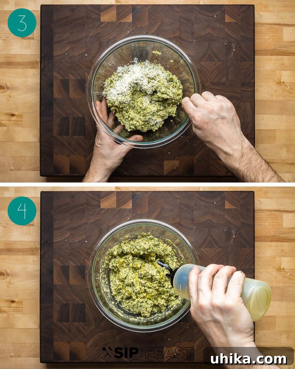 Vibrant Artichoke Pesto 5 Recipe process shot collage showing pesto being pulsed in a food processor and then mixed with Parmesan cheese.