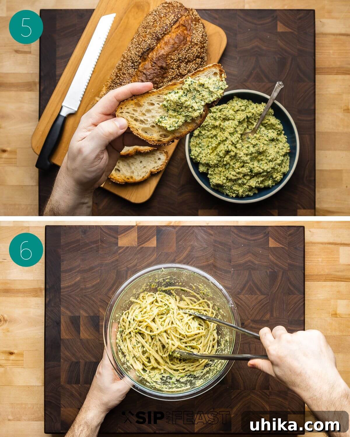 Vibrant Artichoke Pesto 6 Recipe process shot collage showing artichoke pesto served with crackers and bread.
