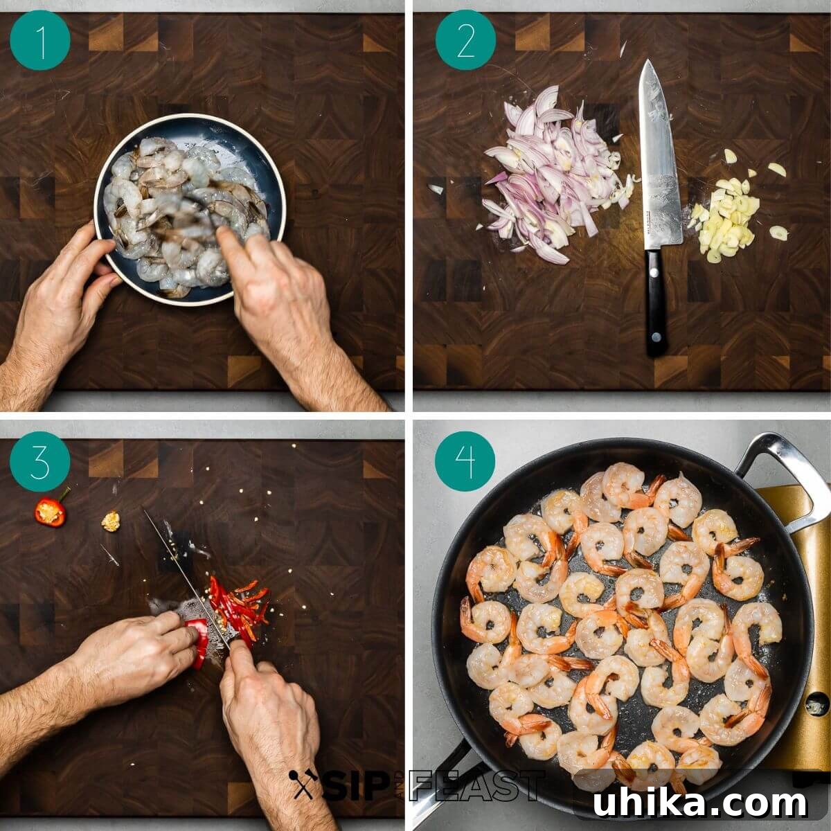 Garlic-Kissed Shrimp Tomato Basil Pasta 4 Collage of step-by-step photos for preparing Shrimp Tomato Basil Pasta, including brining shrimp, slicing shallots and garlic, and halving cherry tomatoes.