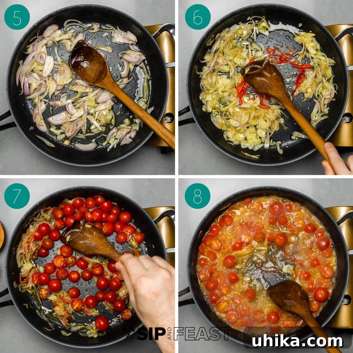 Garlic-Kissed Shrimp Tomato Basil Pasta 5 Collage of recipe process shots for Shrimp Tomato Basil Pasta, showing shallots and garlic sautéing, chili pepper added, and linguine cooking.