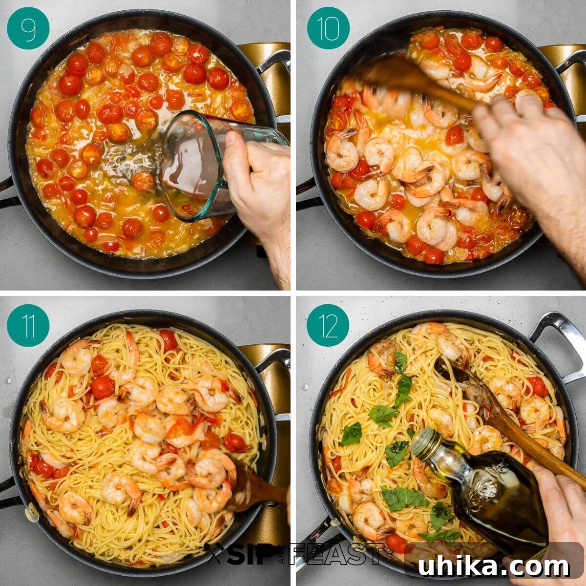 Garlic-Kissed Shrimp Tomato Basil Pasta 6 Collage of recipe process shots for Shrimp Tomato Basil Pasta, showing cherry tomatoes softening, wine added to deglaze, pasta water added, and shrimp returned to the pan.