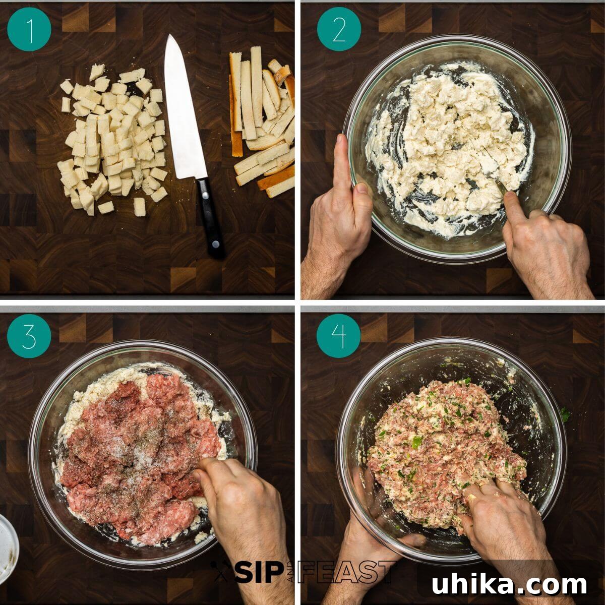 Mama's Meatball Magic 5 A step-by-step collage illustrating the initial stages of making ricotta meatballs, from preparing bread and ricotta to mixing the base ingredients.