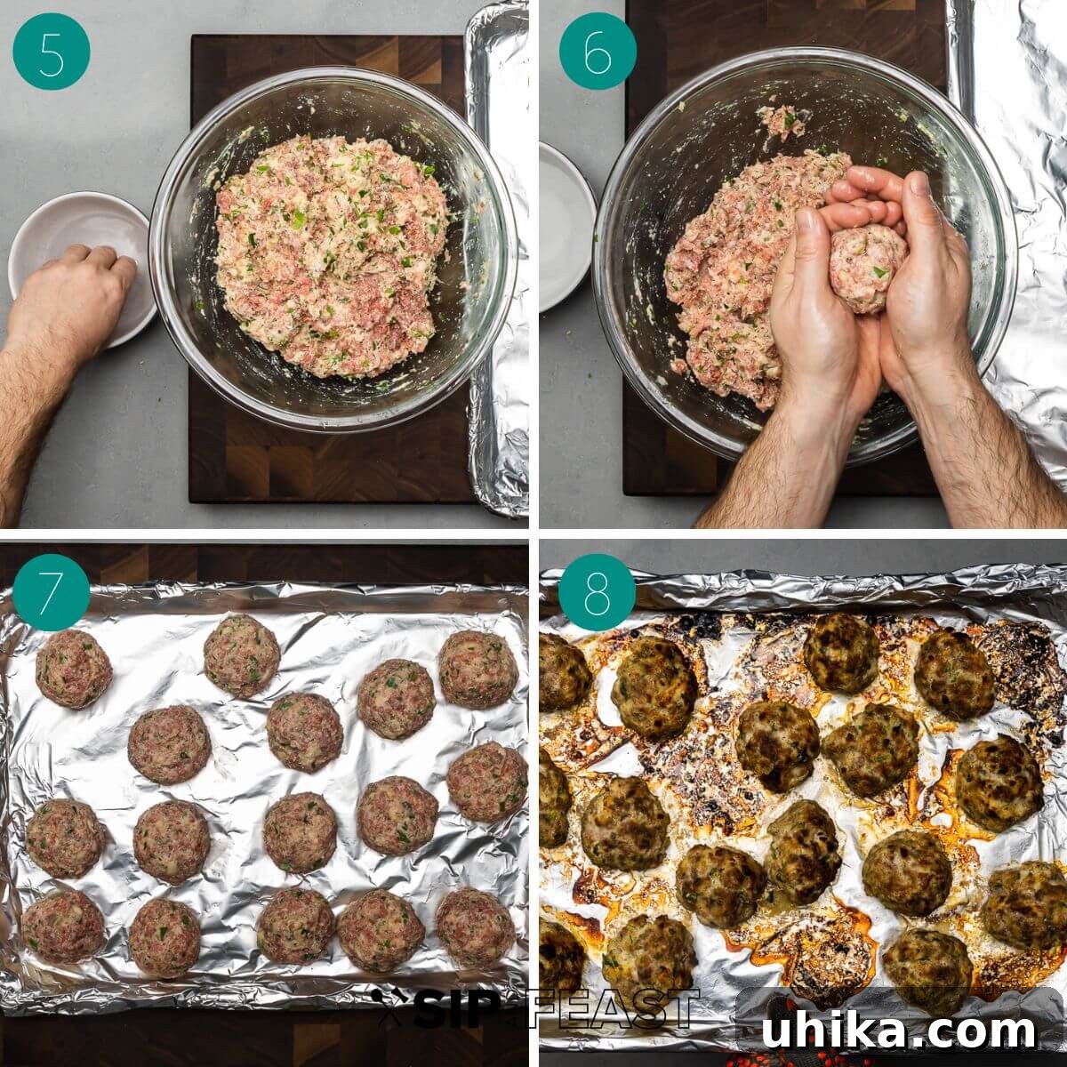 Mama's Meatball Magic 6 A collage showcasing the second phase of the meatball recipe, featuring formed meatballs placed on a baking sheet, ready for broiling.