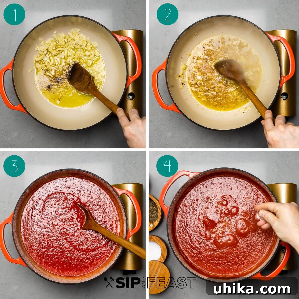 Mama's Meatball Magic 7 A culinary progression collage illustrating the initial steps of making the tomato sauce, from sautéing garlic and anchovies to adding wine and tomatoes.