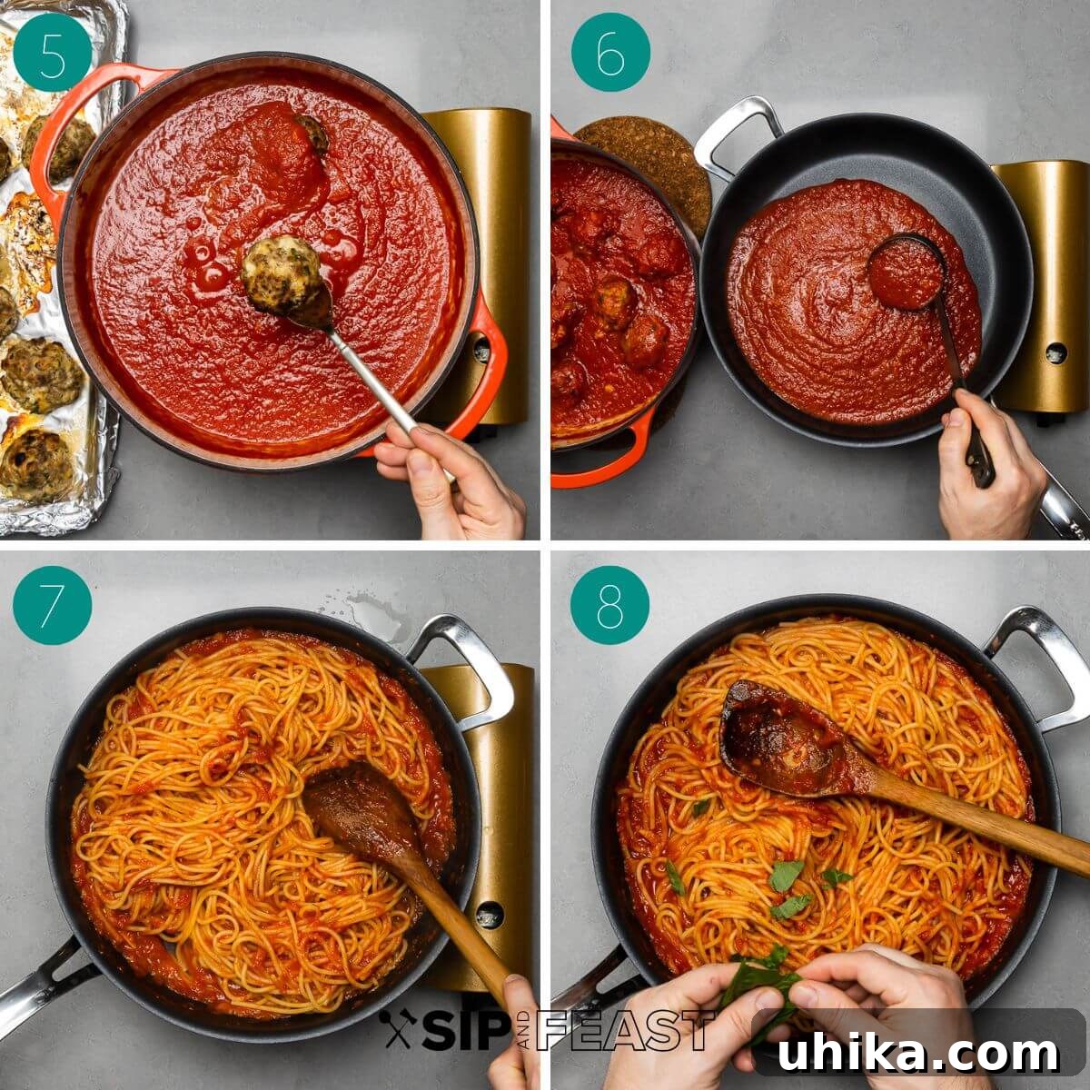 Mama's Meatball Magic 8 A cooking collage showcasing the final stages of the recipe, including simmering meatballs in sauce and tossing spaghetti directly into the sauce.