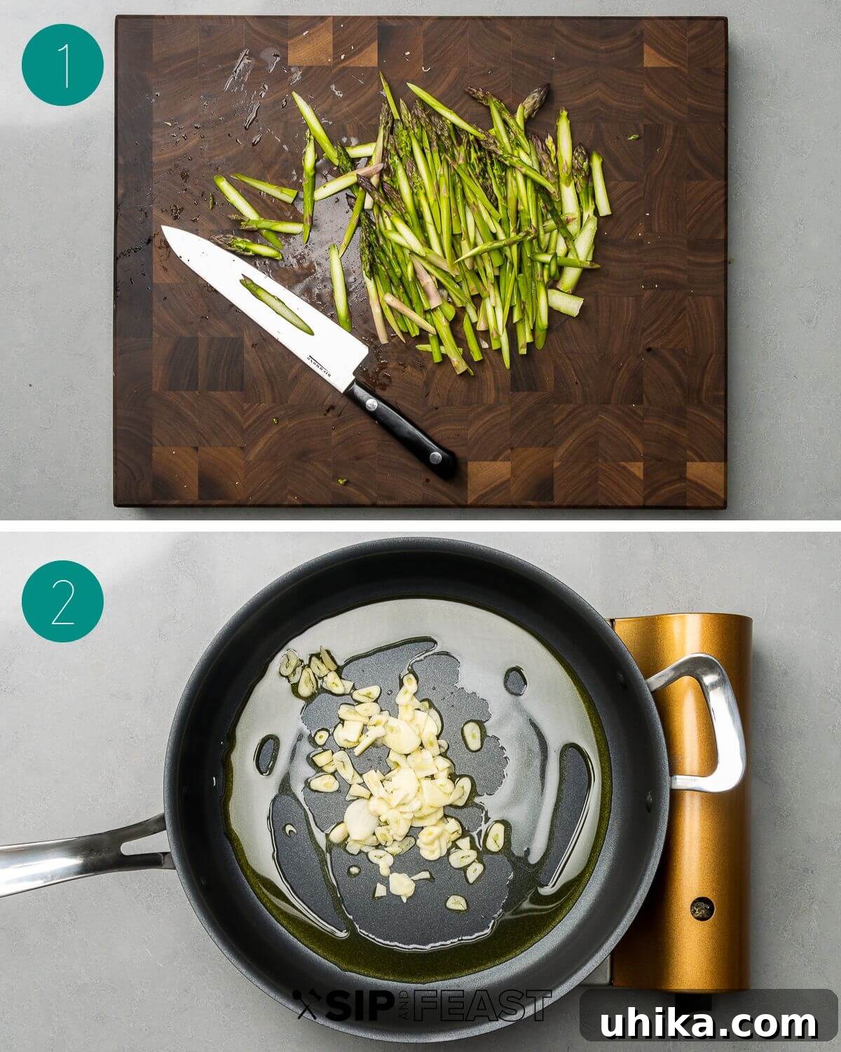 Lemon asparagus pasta recipe process shot collage group number one, showing ingredients being prepped.