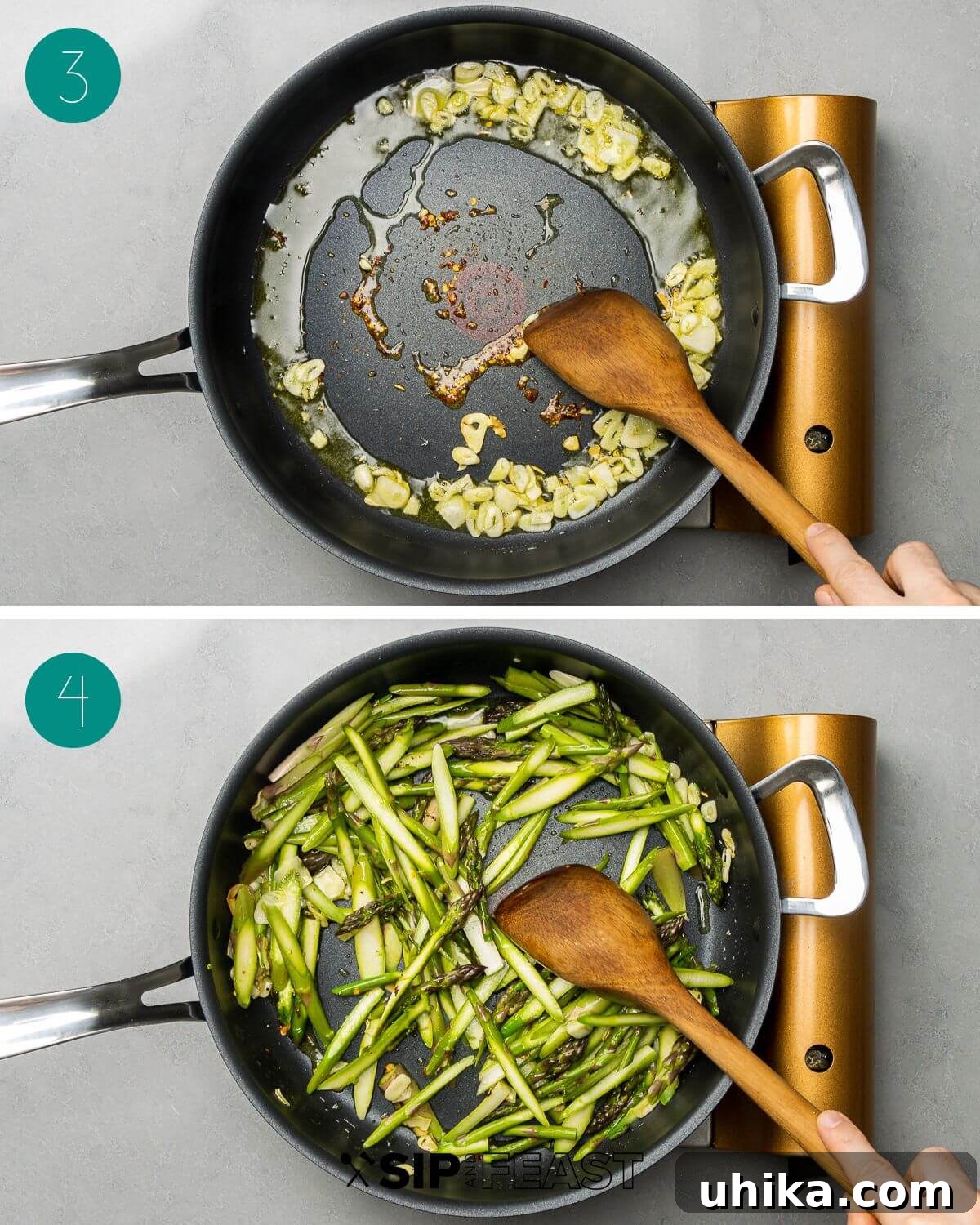 Recipe process shot collage group number two, showing garlic and asparagus being sauteed.