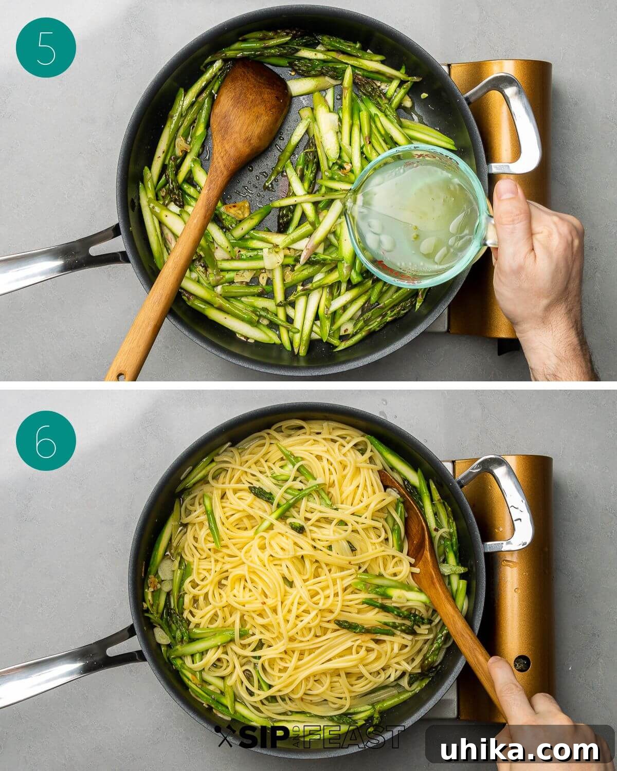 Recipe process shot collage group number three, showing pasta water being added to the pan.