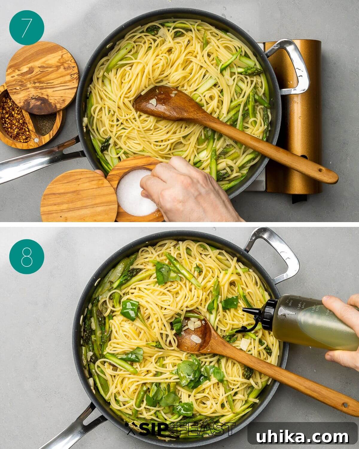 Recipe process shot collage group number four, showing the finished pasta being tossed with lemon and basil.