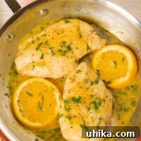 An overhead view of a stainless frying pan with two boneless chicken breasts, two orange slices, and orange pan sauce, sprinkled with chopped fresh tarragon.