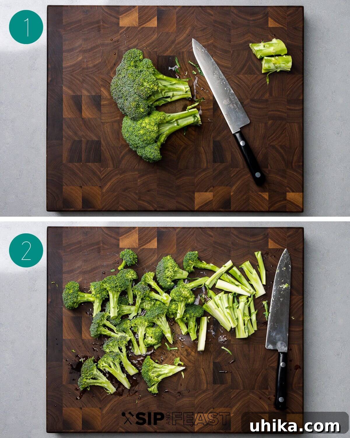 A step-by-step collage demonstrating the initial stages of preparing Italian broccoli salad. The first image shows a head of broccoli, followed by it being trimmed, and finally chopped into small florets, ready for cooking.