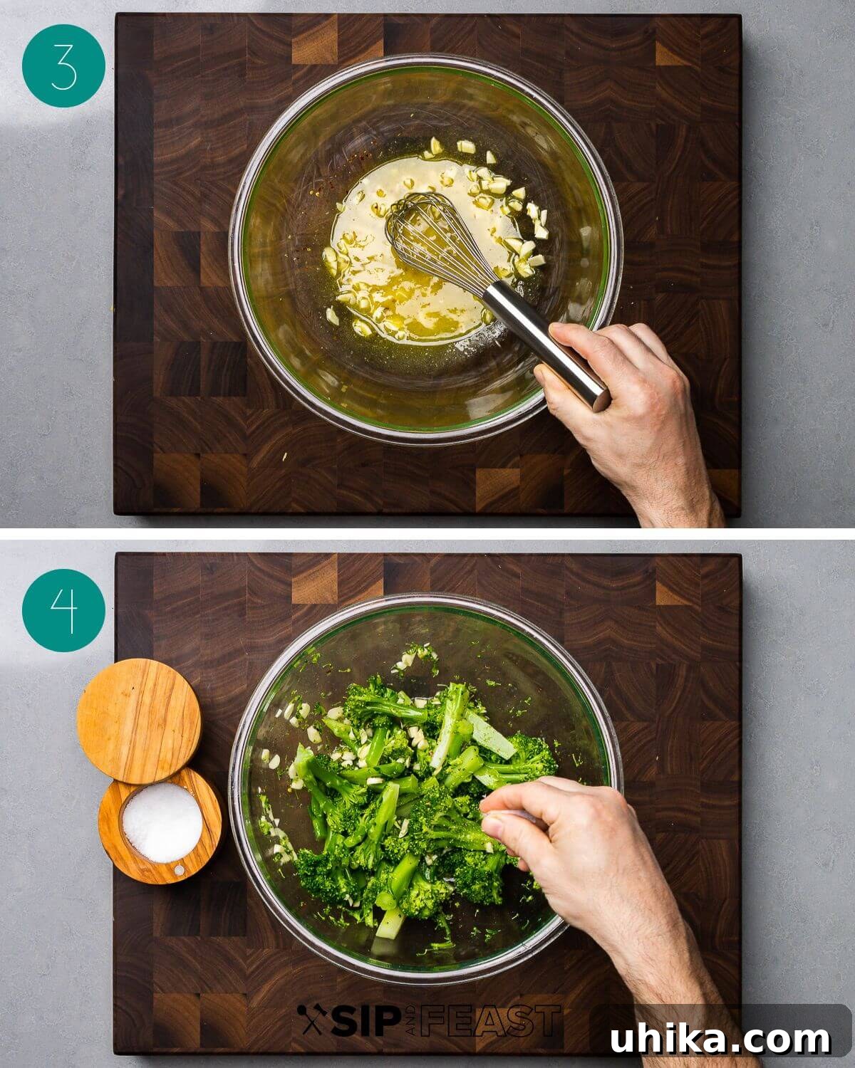 A step-by-step collage illustrating the preparation of the dressing for Italian broccoli salad. The images show fresh lemons being zested and juiced, followed by the ingredients for the vinaigrette being whisked together in a bowl until emulsified.