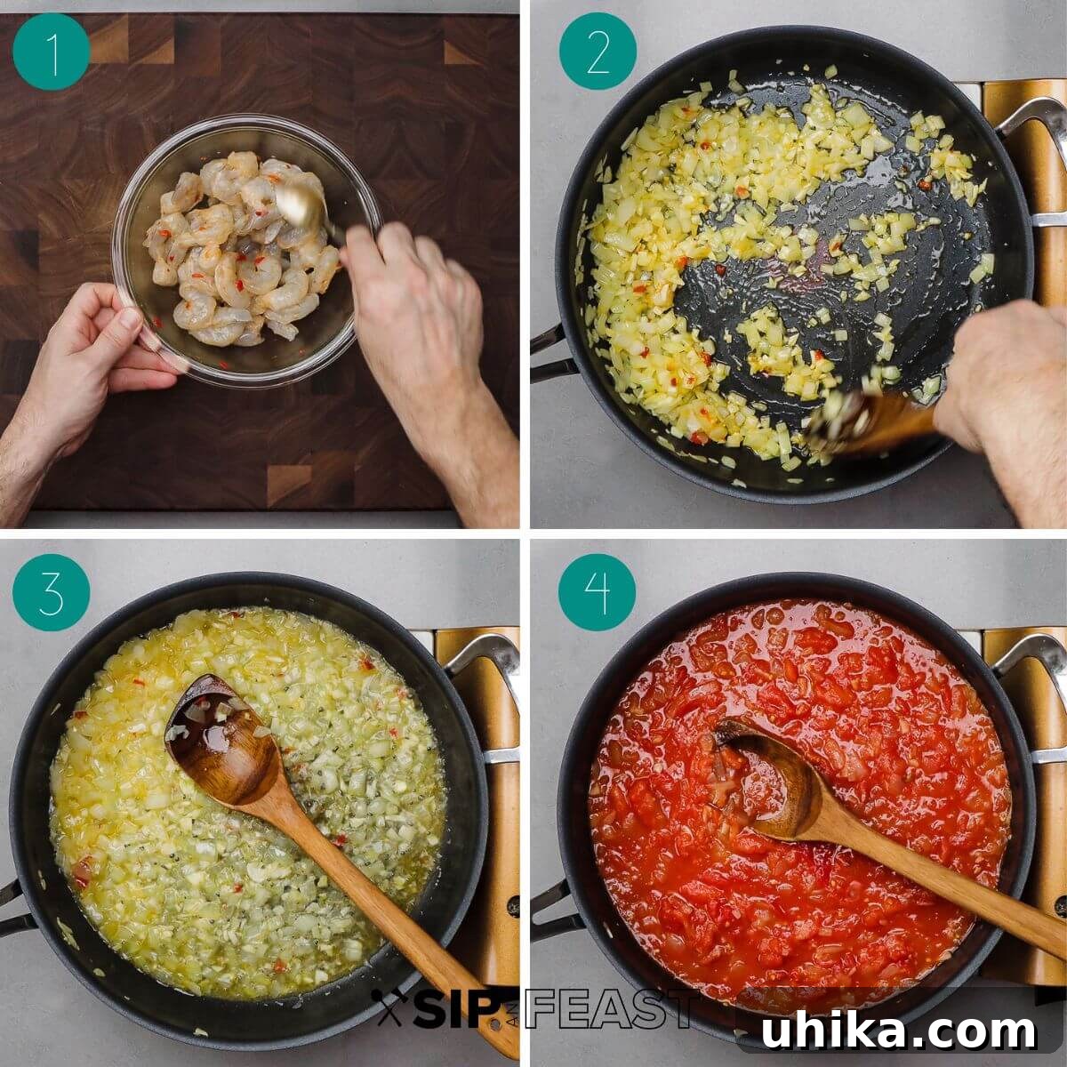 A collage of process shots for Shrimp alla Vodka recipe, showing the first stages: shrimp brining, onions sautéing, garlic added, and chili paste being stirred in.