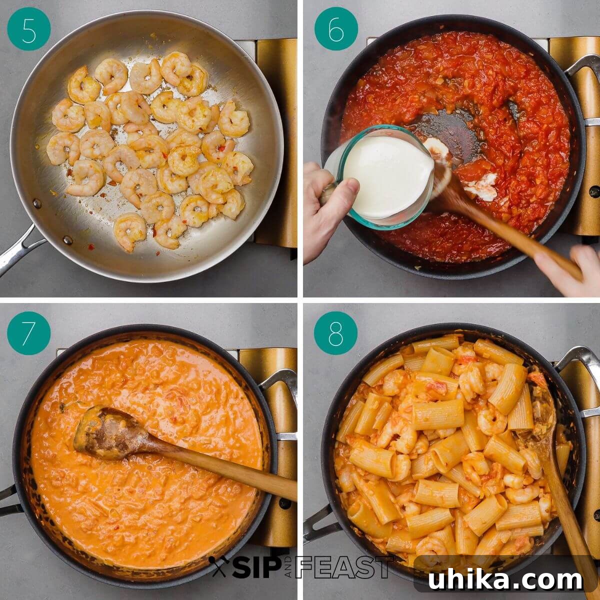 A collage of process shots for Shrimp alla Vodka, illustrating the latter steps: adding vodka and wine, stirring in tomatoes, cooking shrimp in a separate pan, and adding heavy cream to the sauce.