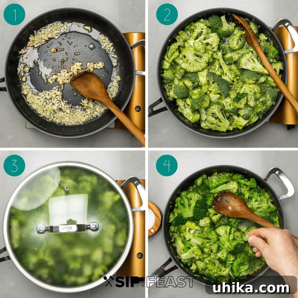 Broccoli Pinwheels 5 A collage showing the first steps of preparing the broccoli roll filling, including sautéing garlic and red pepper flakes, then adding chopped broccoli to the pan.