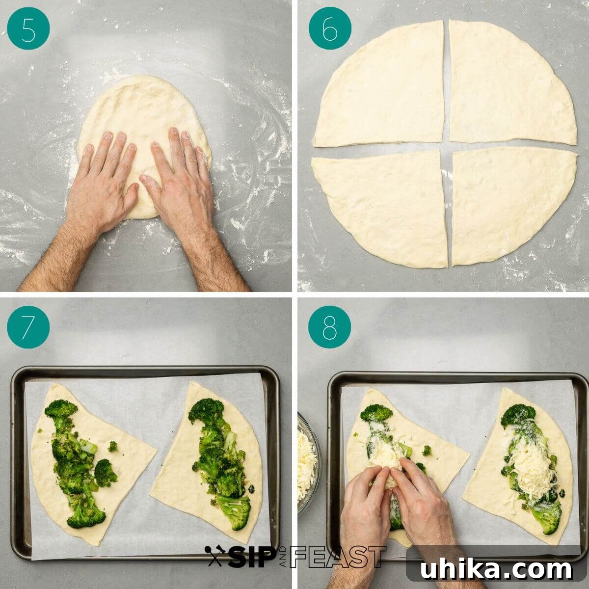Broccoli Pinwheels 6 A collage depicting the second stage of broccoli roll preparation: rolling out pizza dough, cutting it into four slices, and placing the broccoli and cheese filling.