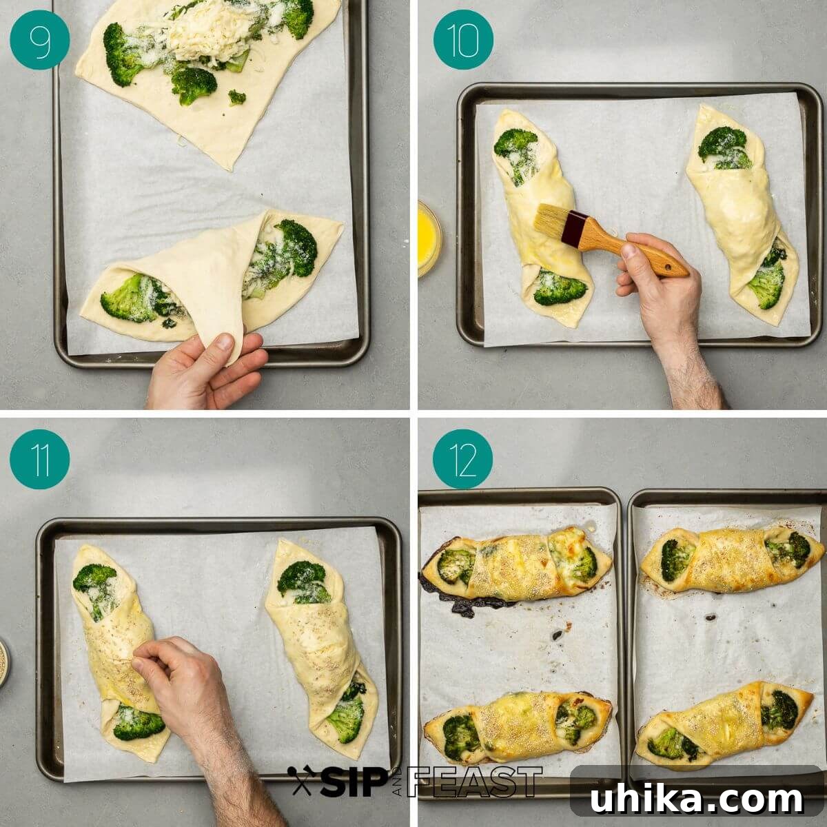 Broccoli Pinwheels 7 A collage illustrating the final steps of preparing broccoli rolls: applying egg wash, making slits for venting, sprinkling sesame seeds, and showing the rolls ready for baking.