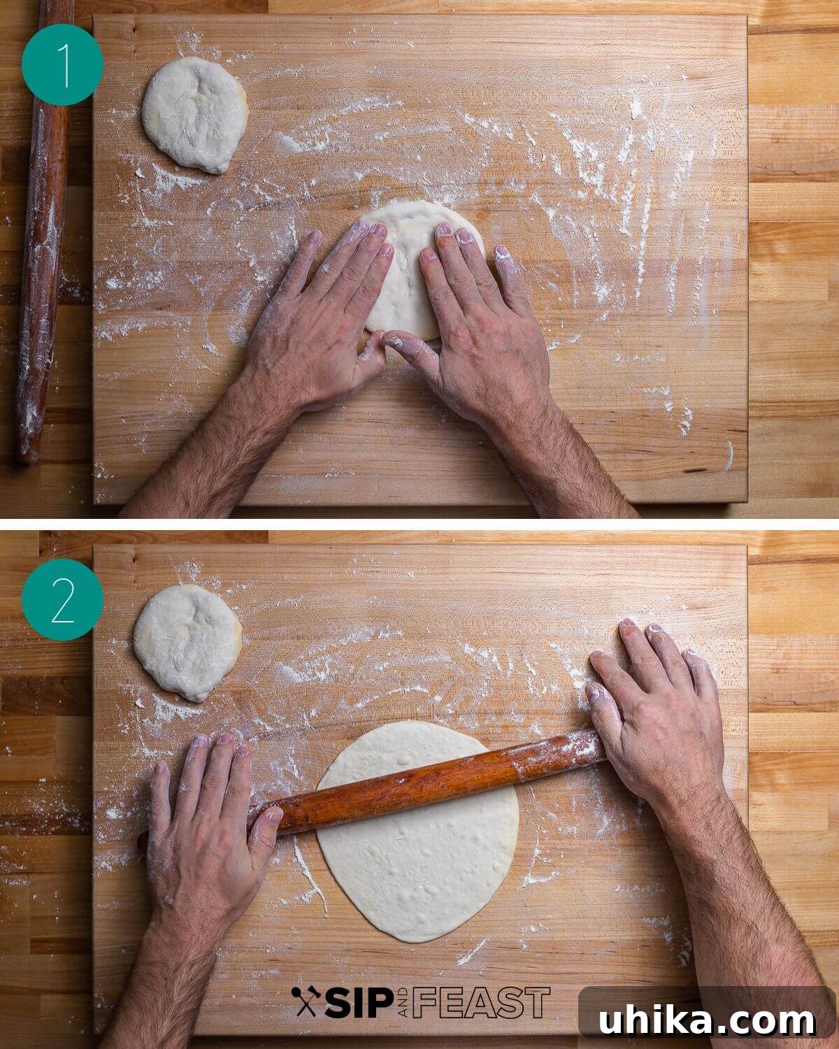 Crispy Italian Panzerotti 5 A process shot collage showing the first steps of panzerotti assembly: rolling out dough, adding tomato sauce and cheese.