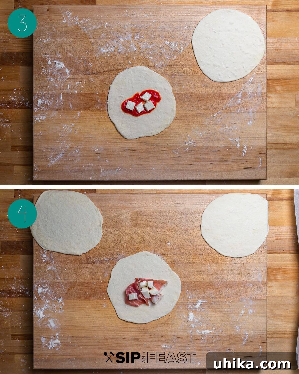 Crispy Italian Panzerotti 6 A process shot collage showing the second steps of panzerotti assembly: adding prosciutto and mozzarella, and folding the dough.