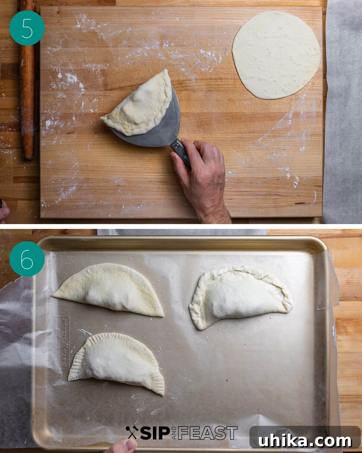 Crispy Italian Panzerotti 7 A process shot collage demonstrating the third phase of panzerotti preparation: sealing the edges with a fork and transferring to a tray.