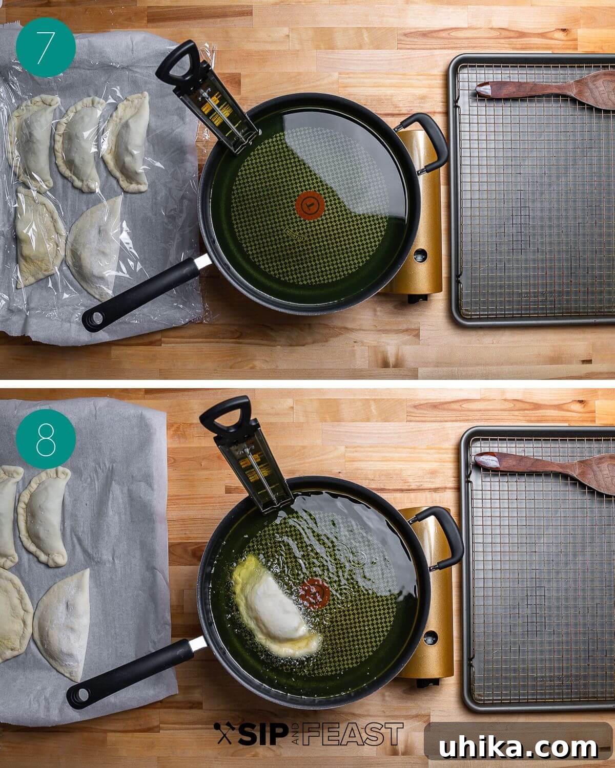 Crispy Italian Panzerotti 8 A process shot collage depicting the final steps of panzerotti cooking: frying in oil, and golden brown finished panzerotti.